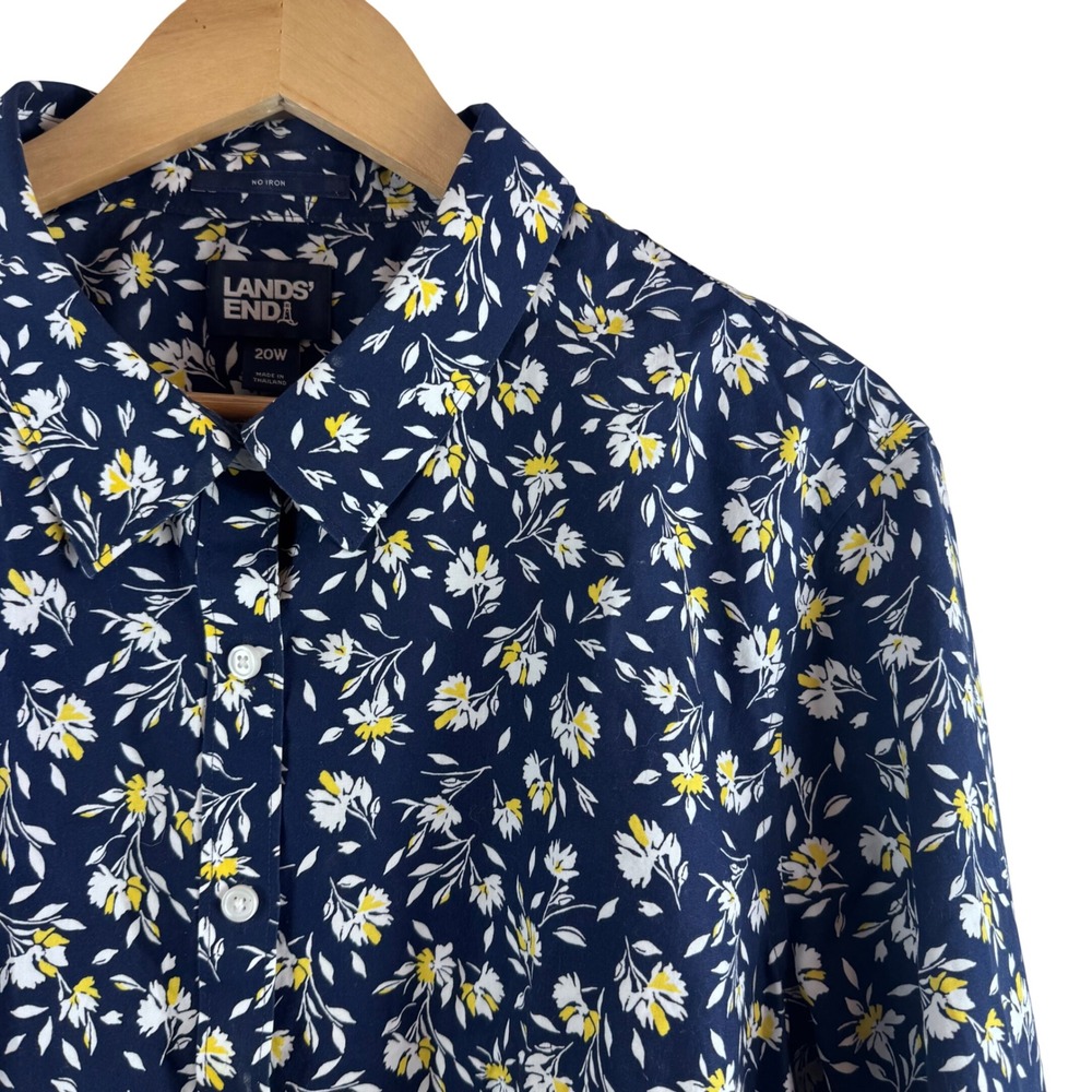 Lands End Button Down Shirt Women 20W Navy Floral No Iron Cotton Long Sleeve